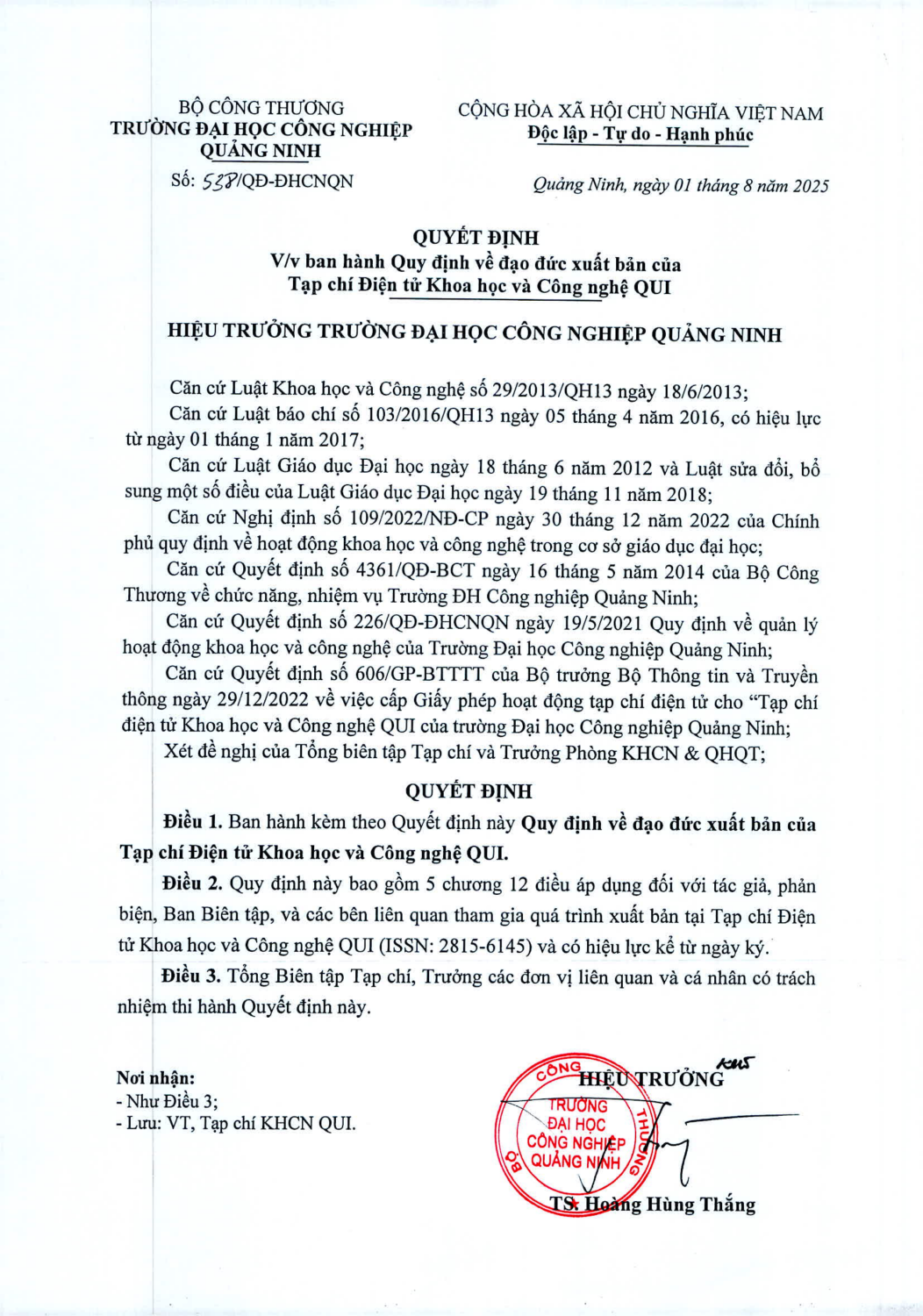 538 qd ban hanh quy dinh ve dao duc xuat ban cua tap chi dien tu khoa hoc va cong nghe qui page 1